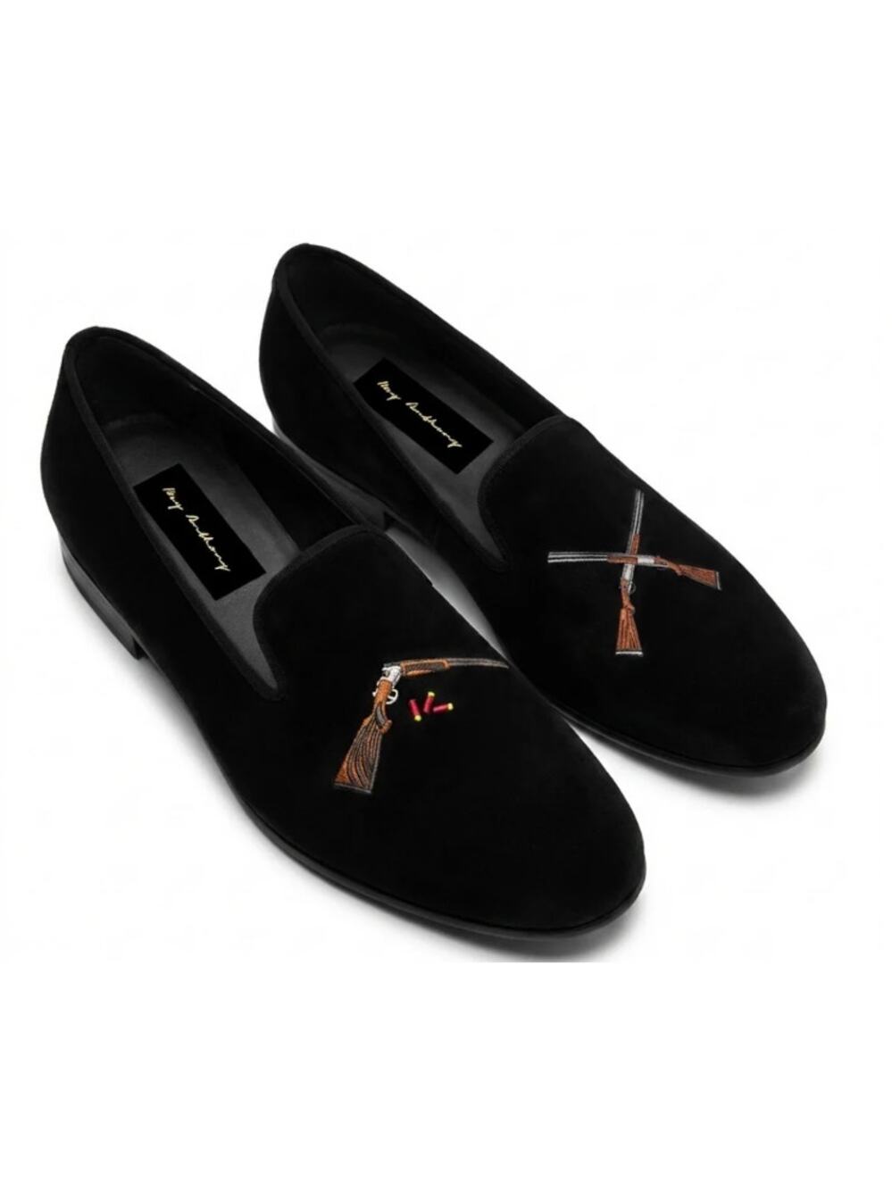 NEW May Anthony Velvet Smoking Slippers Shotgun Embroidered Loafers Size 11